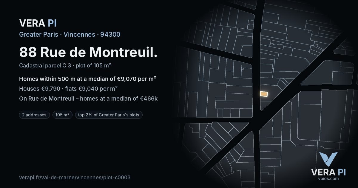 88 Rue de Montreuil, Vincennes at night – the plot lit, the parcels around coloured by the prices near them