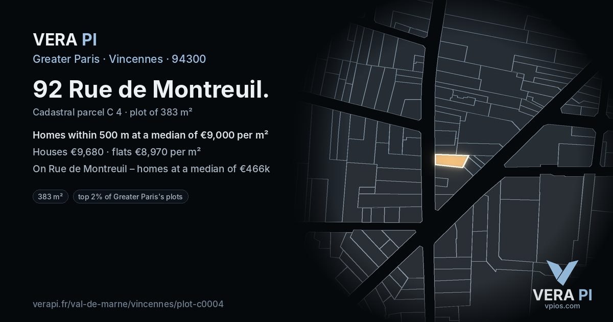 92 Rue de Montreuil, Vincennes at night – the plot lit, the parcels around coloured by the prices near them