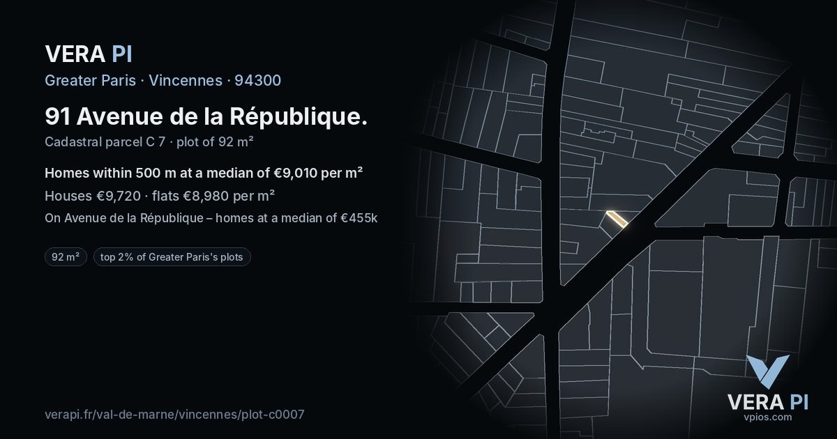 91 Avenue de la République, Vincennes at night – the plot lit, the parcels around coloured by the prices near them