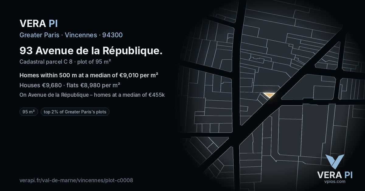 93 Avenue de la République, Vincennes at night – the plot lit, the parcels around coloured by the prices near them