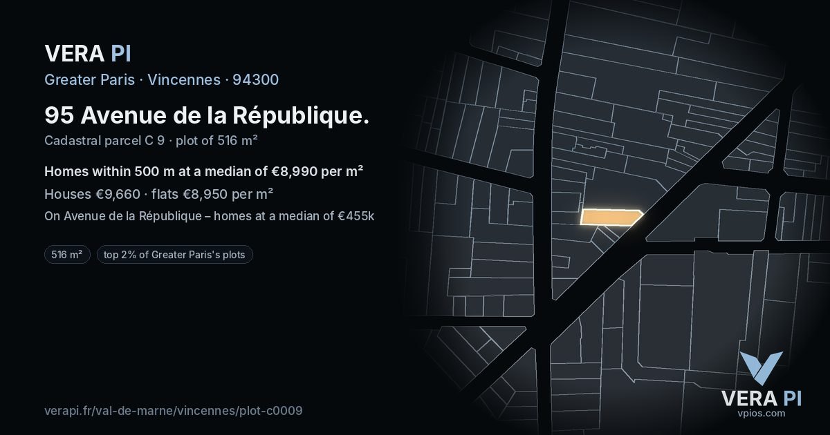 95 Avenue de la République, Vincennes at night – the plot lit, the parcels around coloured by the prices near them