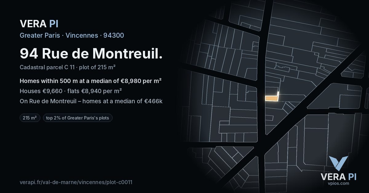 94 Rue de Montreuil, Vincennes at night – the plot lit, the parcels around coloured by the prices near them