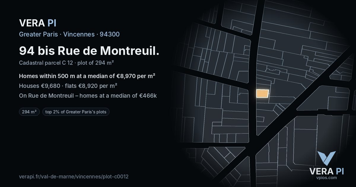 94 bis Rue de Montreuil, Vincennes at night – the plot lit, the parcels around coloured by the prices near them