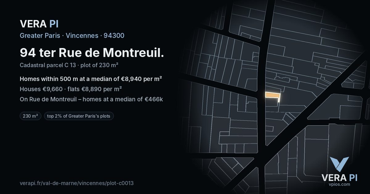 94 ter Rue de Montreuil, Vincennes at night – the plot lit, the parcels around coloured by the prices near them