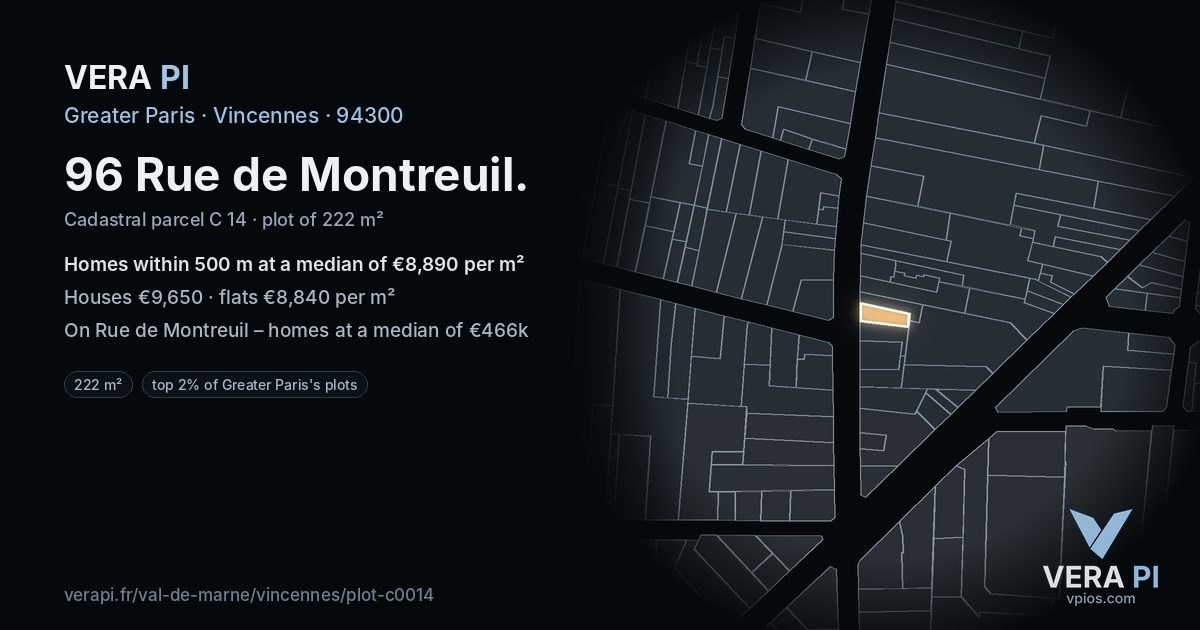 96 Rue de Montreuil, Vincennes at night – the plot lit, the parcels around coloured by the prices near them