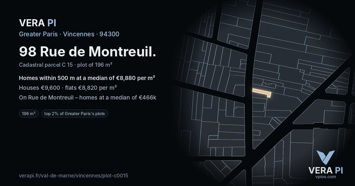 98 Rue de Montreuil, Vincennes at night – the plot lit, the parcels around coloured by the prices near them