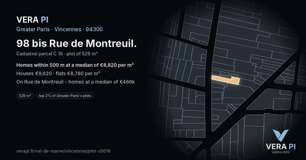 98 bis Rue de Montreuil, Vincennes at night – the plot lit, the parcels around coloured by the prices near them