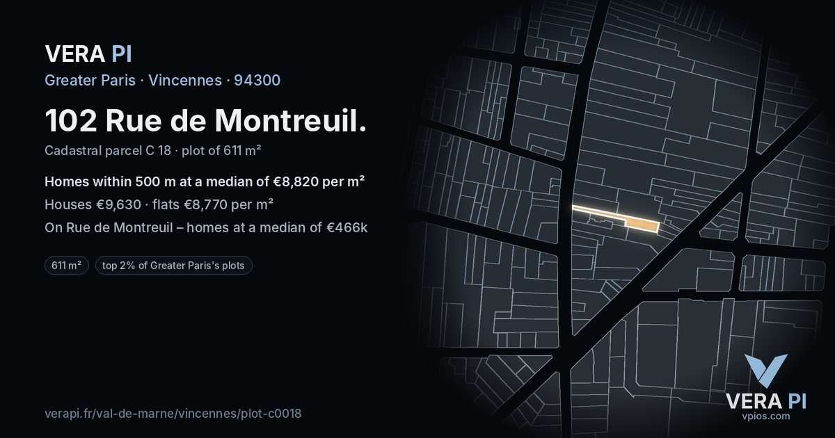 102 Rue de Montreuil, Vincennes at night – the plot lit, the parcels around coloured by the prices near them