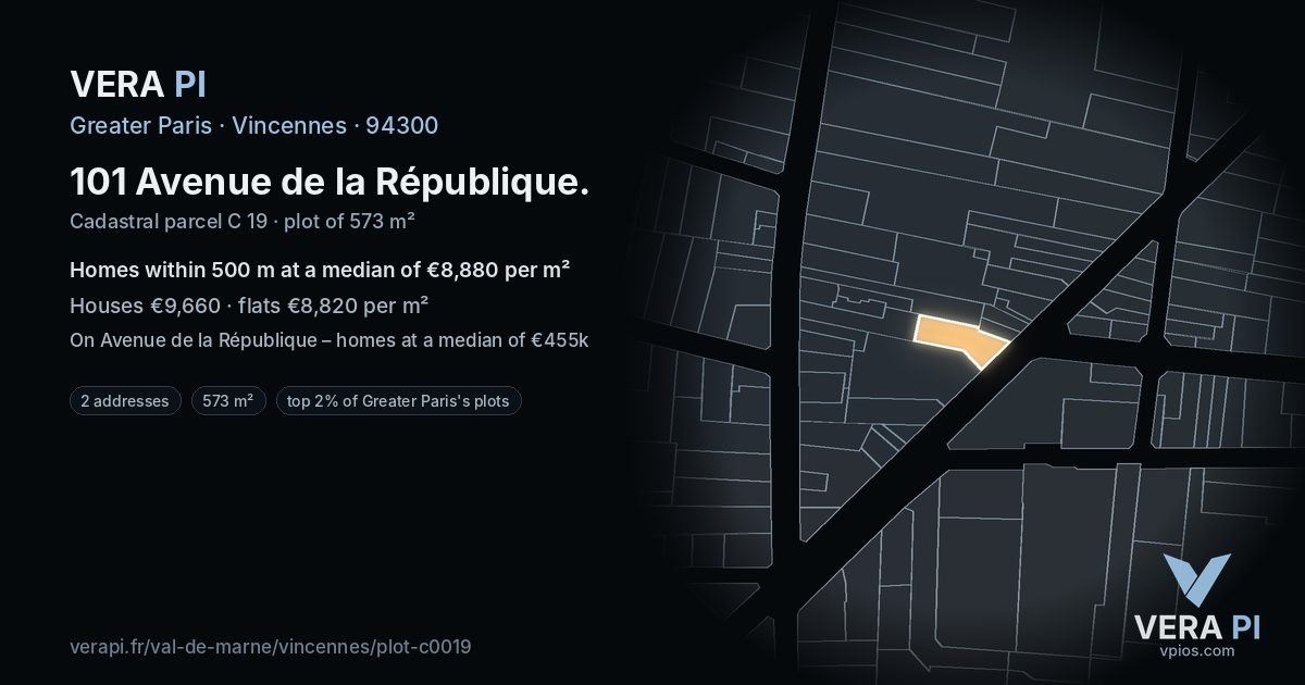 101 Avenue de la République, Vincennes at night – the plot lit, the parcels around coloured by the prices near them