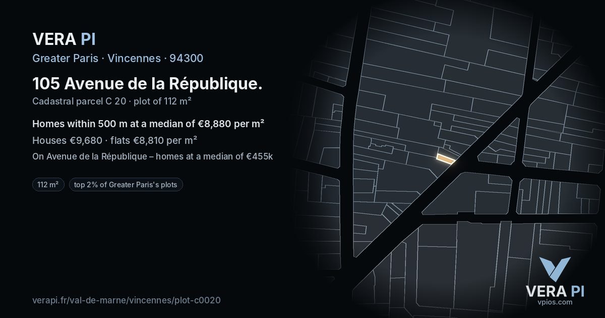 105 Avenue de la République, Vincennes at night – the plot lit, the parcels around coloured by the prices near them
