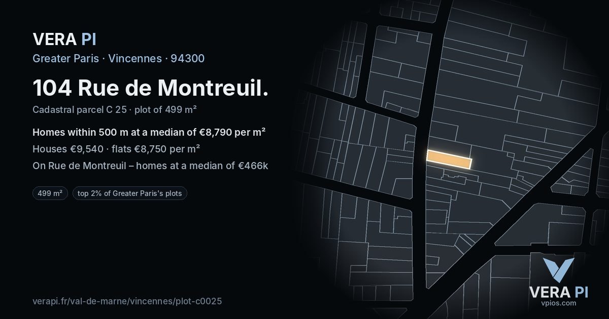 104 Rue de Montreuil, Vincennes at night – the plot lit, the parcels around coloured by the prices near them