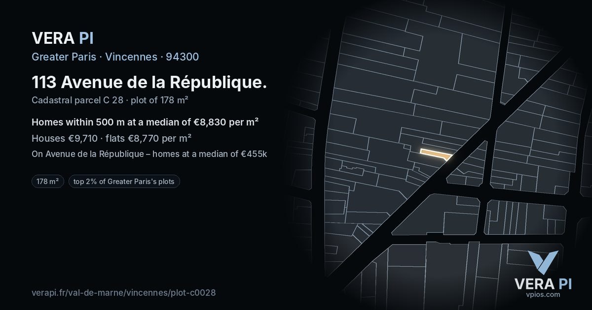 113 Avenue de la République, Vincennes at night – the plot lit, the parcels around coloured by the prices near them