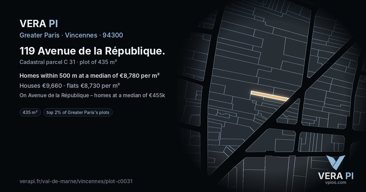 119 Avenue de la République, Vincennes at night – the plot lit, the parcels around coloured by the prices near them