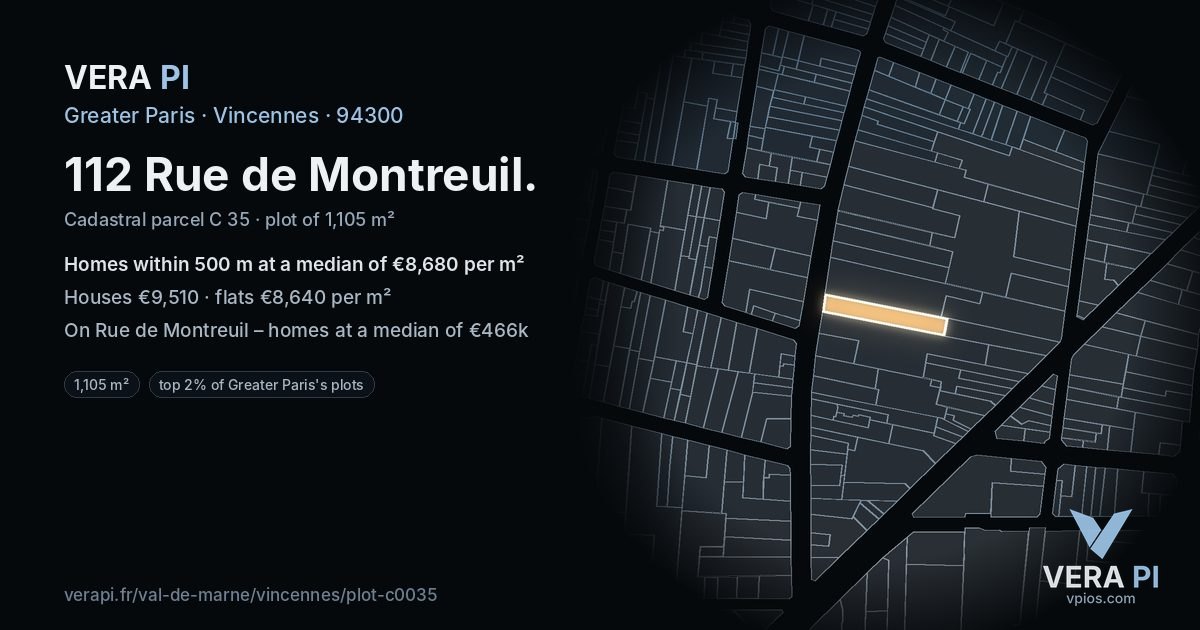 112 Rue de Montreuil, Vincennes at night – the plot lit, the parcels around coloured by the prices near them