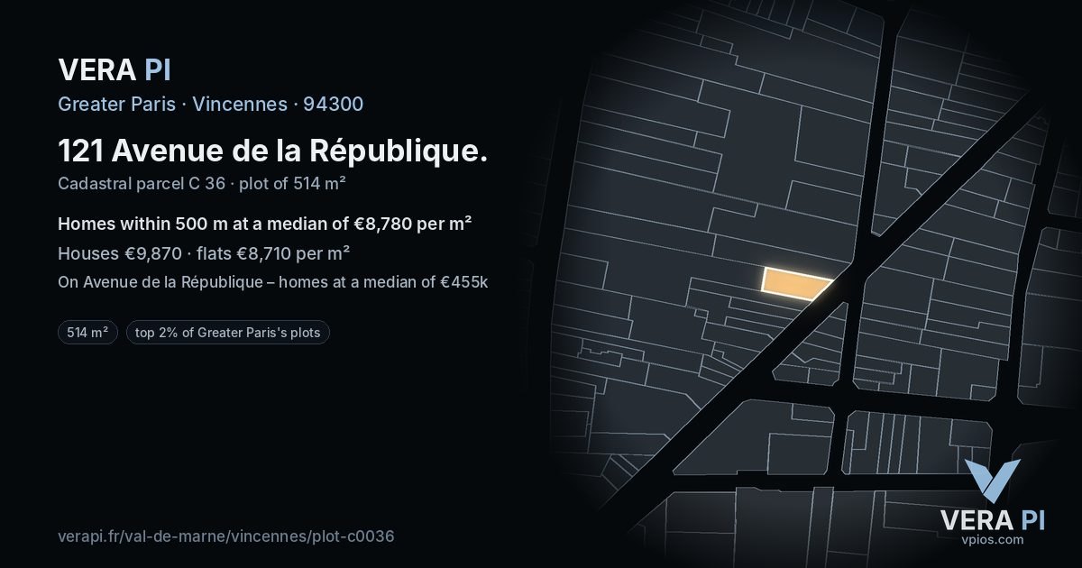121 Avenue de la République, Vincennes at night – the plot lit, the parcels around coloured by the prices near them