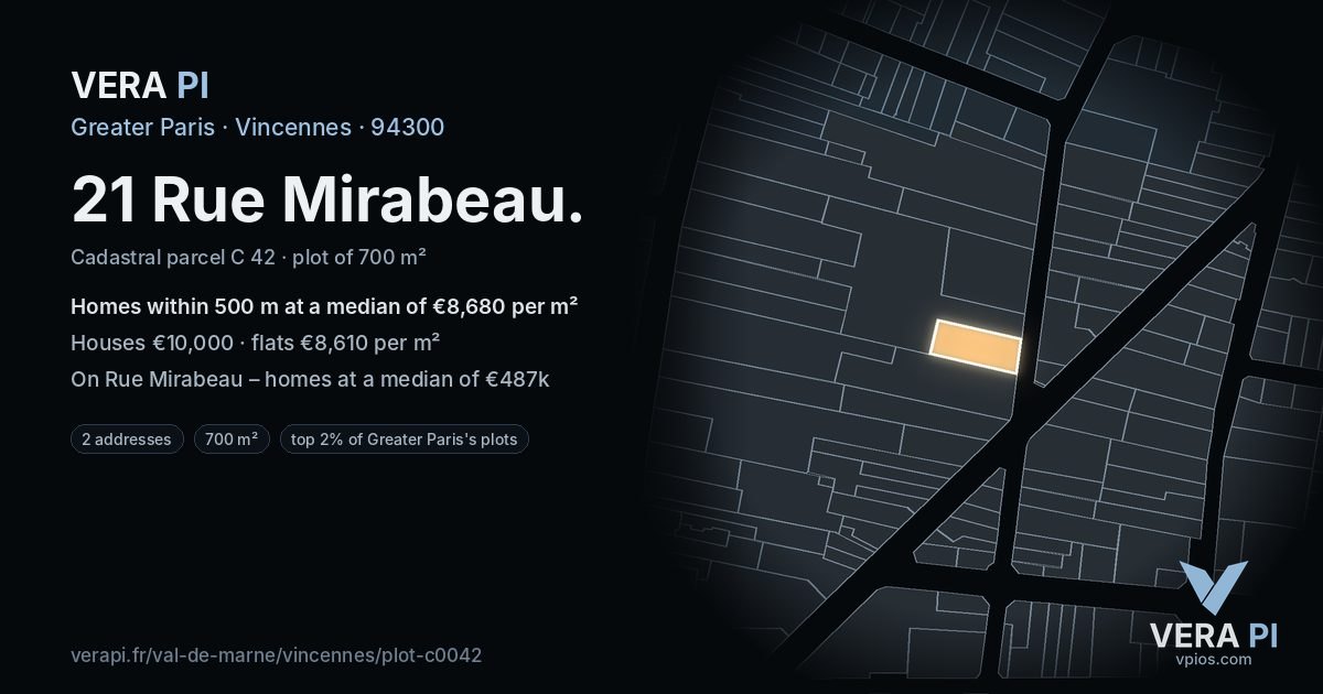 21 Rue Mirabeau, Vincennes at night – the plot lit, the parcels around coloured by the prices near them