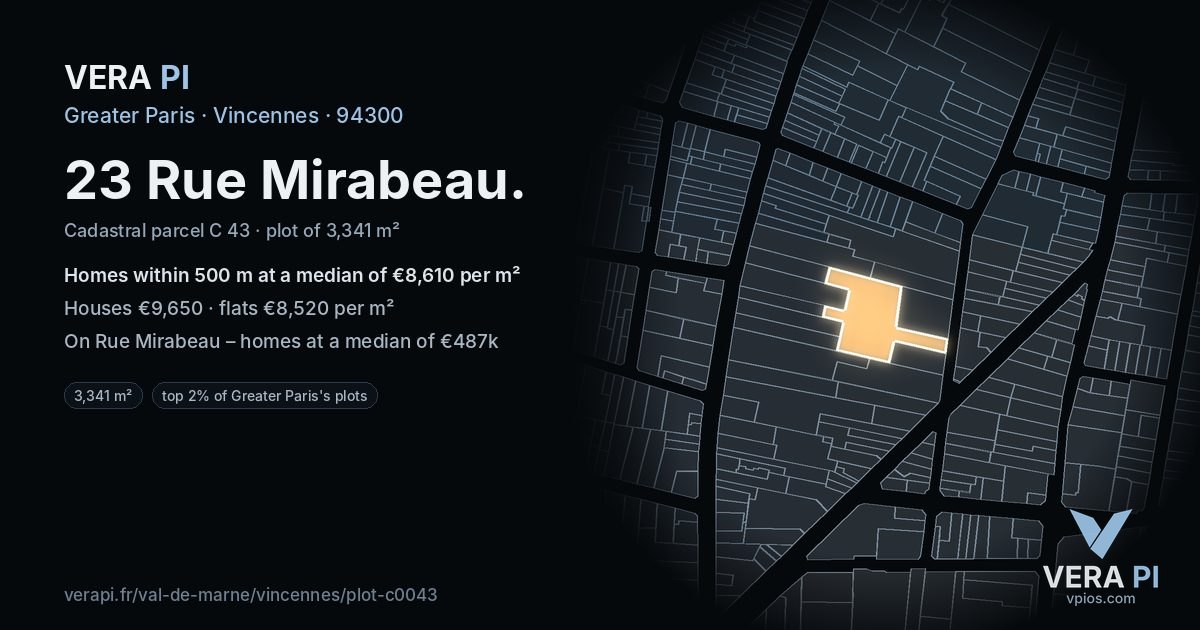 23 Rue Mirabeau, Vincennes at night – the plot lit, the parcels around coloured by the prices near them