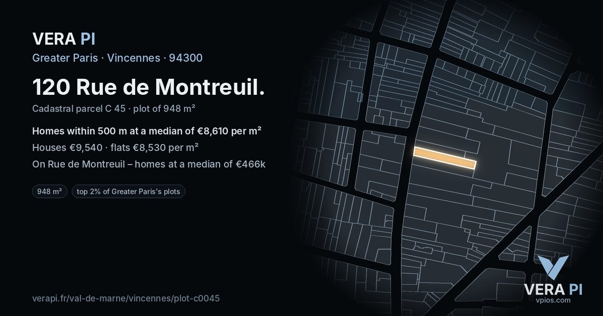 120 Rue de Montreuil, Vincennes at night – the plot lit, the parcels around coloured by the prices near them