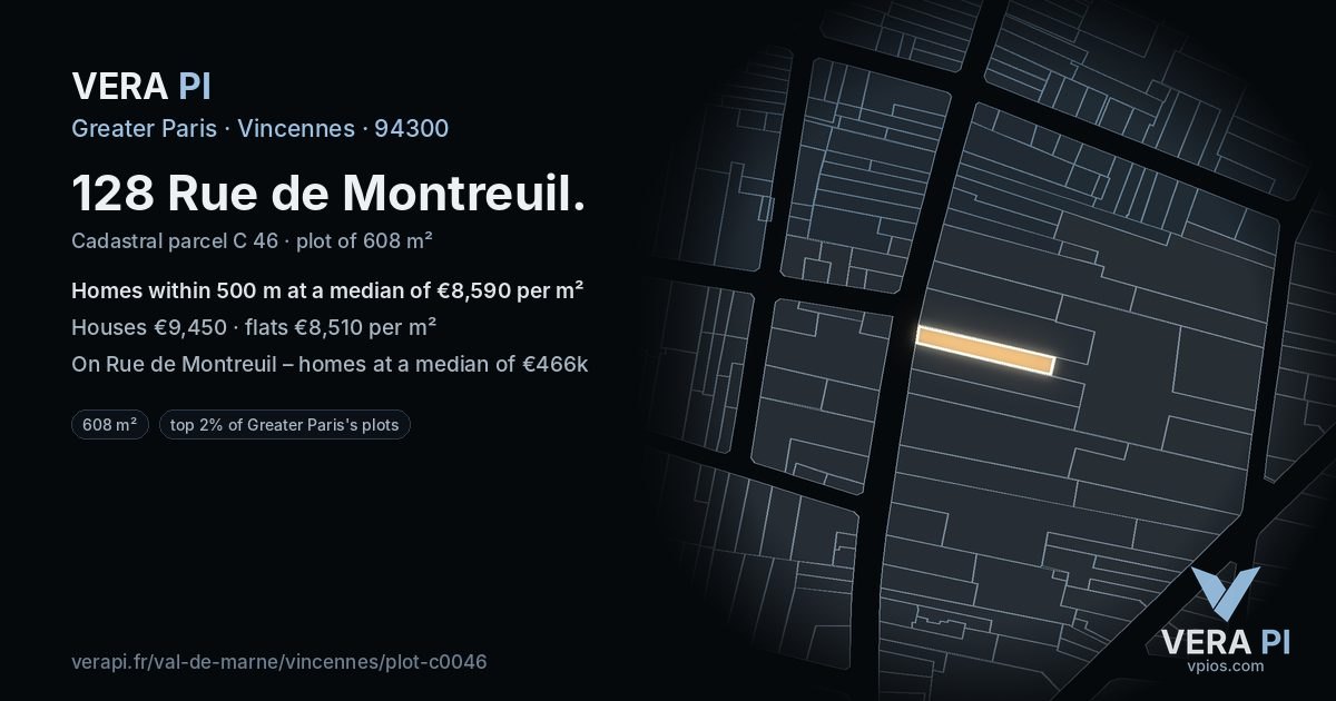 128 Rue de Montreuil, Vincennes at night – the plot lit, the parcels around coloured by the prices near them