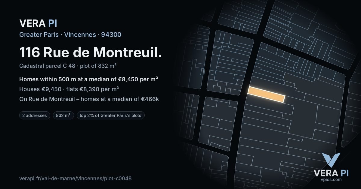 116 Rue de Montreuil, Vincennes at night – the plot lit, the parcels around coloured by the prices near them
