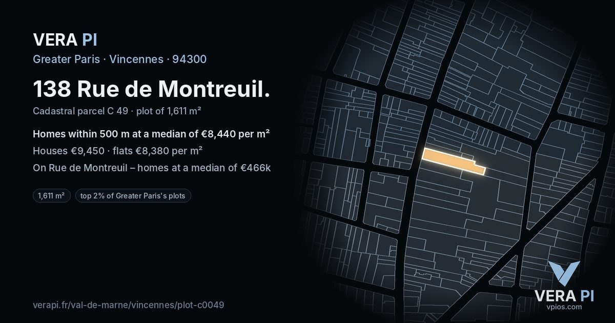 138 Rue de Montreuil, Vincennes at night – the plot lit, the parcels around coloured by the prices near them