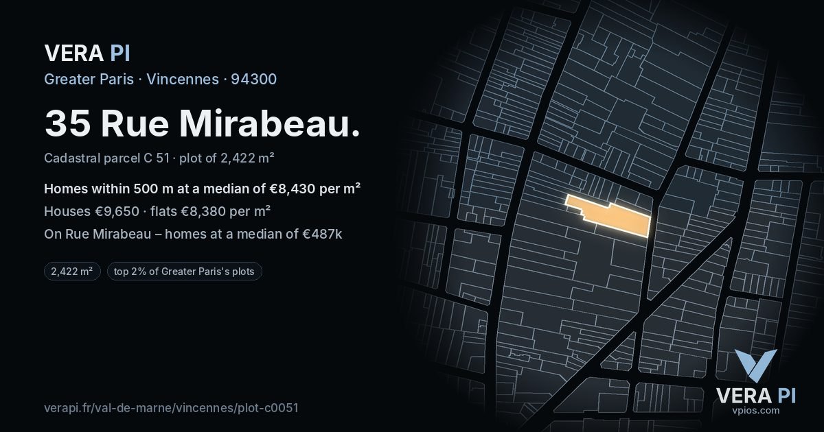 35 Rue Mirabeau, Vincennes at night – the plot lit, the parcels around coloured by the prices near them