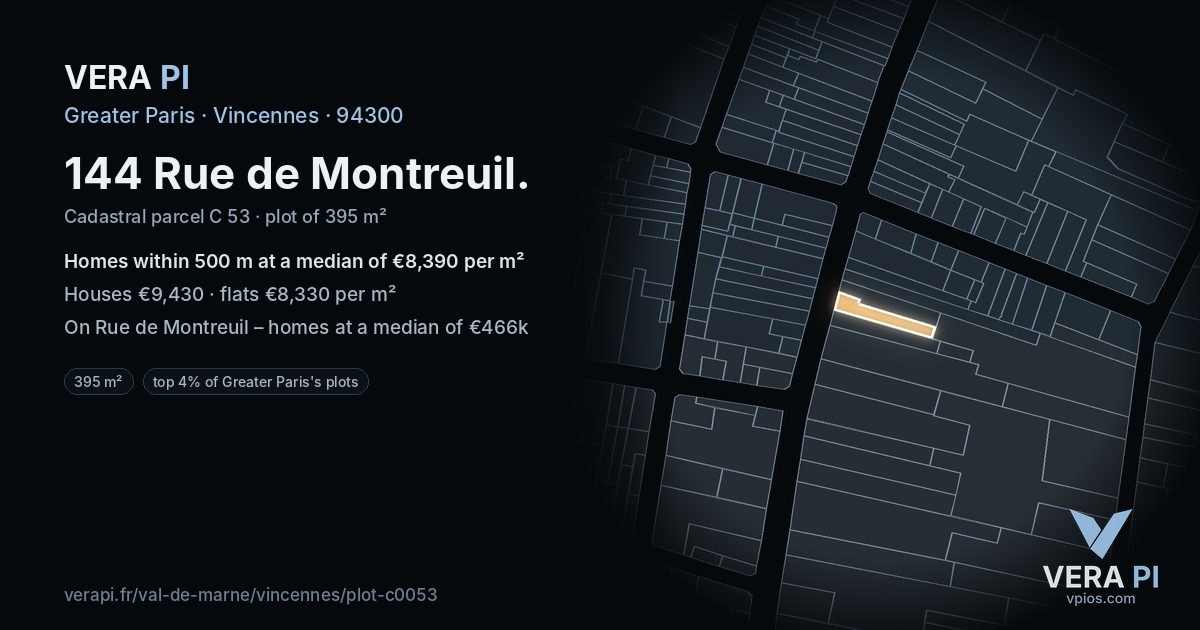 144 Rue de Montreuil, Vincennes at night – the plot lit, the parcels around coloured by the prices near them