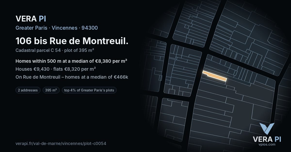 106 bis Rue de Montreuil, Vincennes at night – the plot lit, the parcels around coloured by the prices near them