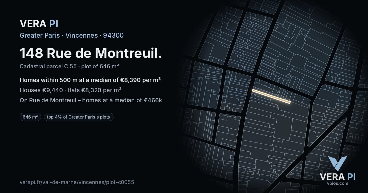 148 Rue de Montreuil, Vincennes at night – the plot lit, the parcels around coloured by the prices near them