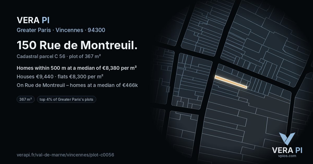 150 Rue de Montreuil, Vincennes at night – the plot lit, the parcels around coloured by the prices near them