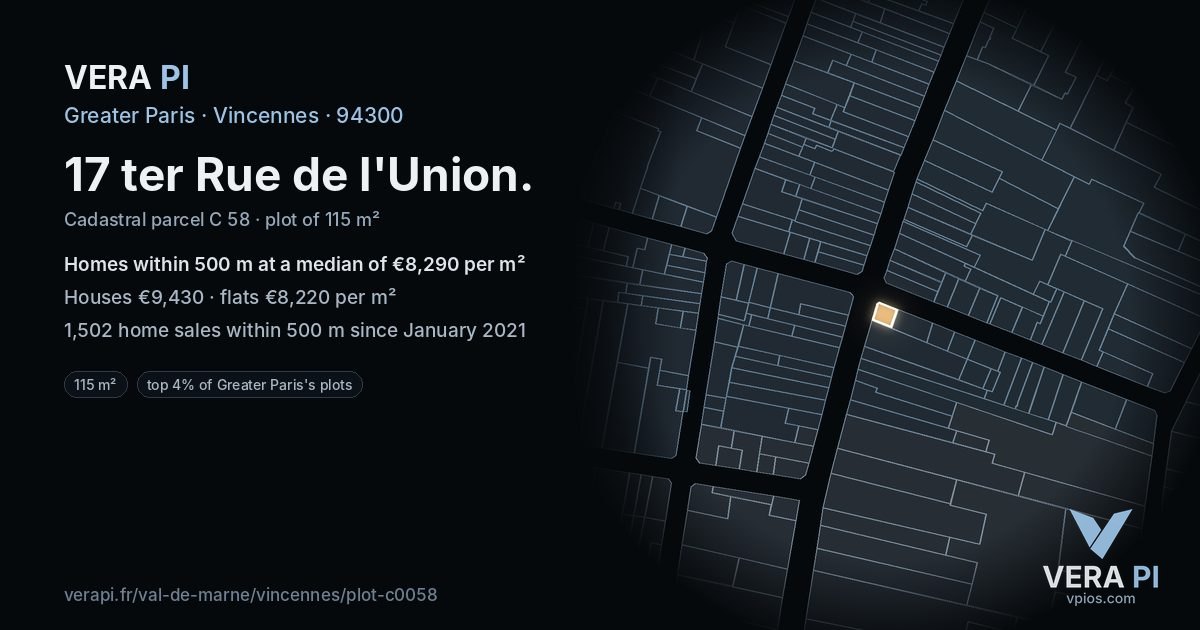 17 ter Rue de l'Union, Vincennes at night – the plot lit, the parcels around coloured by the prices near them