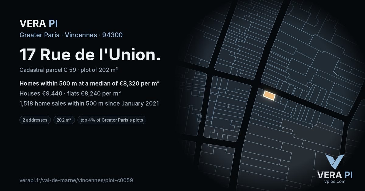 17 Rue de l'Union, Vincennes at night – the plot lit, the parcels around coloured by the prices near them