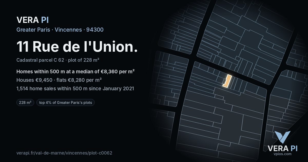 11 Rue de l'Union, Vincennes at night – the plot lit, the parcels around coloured by the prices near them
