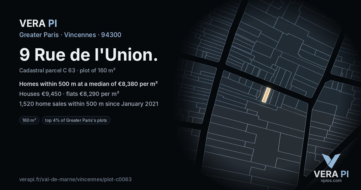 9 Rue de l'Union, Vincennes at night – the plot lit, the parcels around coloured by the prices near them