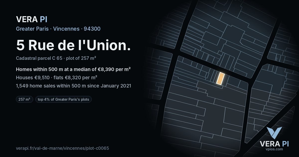 5 Rue de l'Union, Vincennes at night – the plot lit, the parcels around coloured by the prices near them