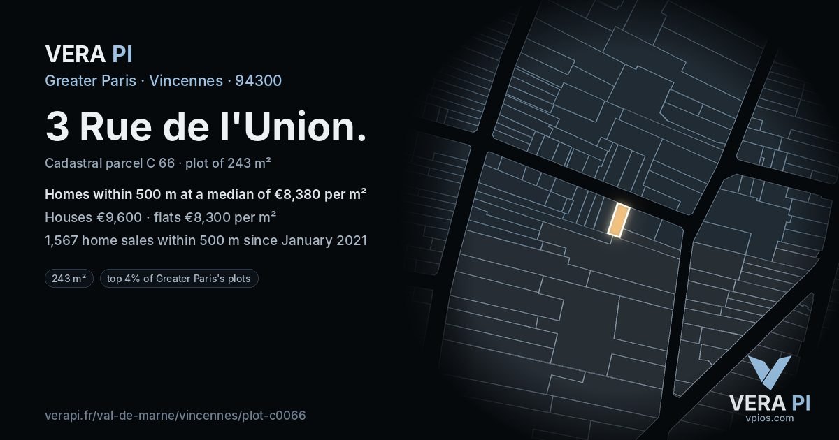3 Rue de l'Union, Vincennes at night – the plot lit, the parcels around coloured by the prices near them