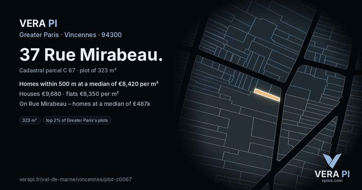 37 Rue Mirabeau, Vincennes at night – the plot lit, the parcels around coloured by the prices near them