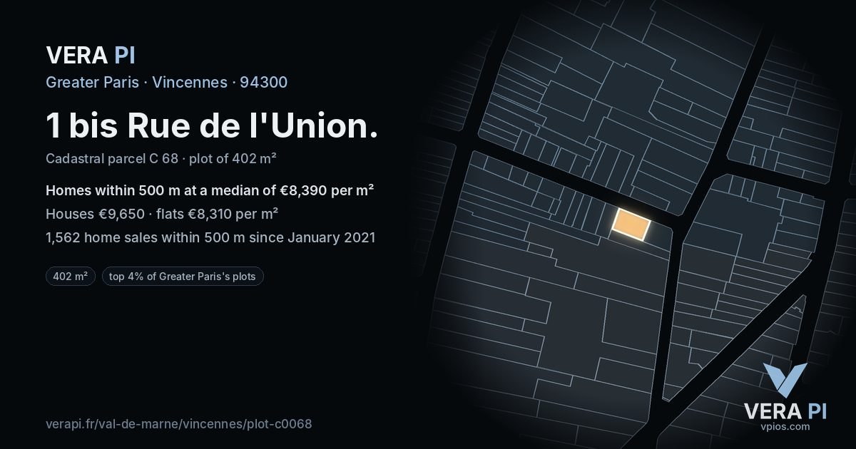 1 bis Rue de l'Union, Vincennes at night – the plot lit, the parcels around coloured by the prices near them