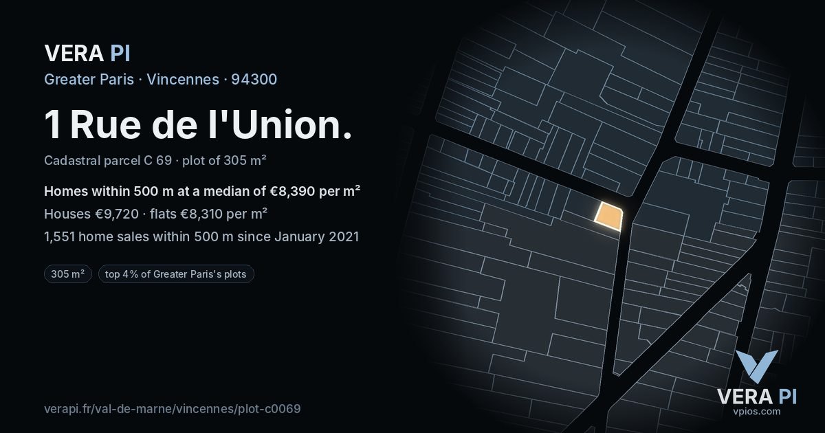 1 Rue de l'Union, Vincennes at night – the plot lit, the parcels around coloured by the prices near them