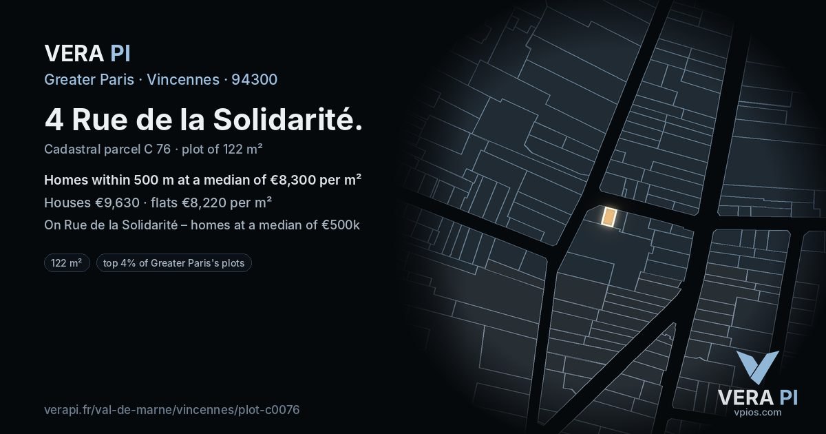 4 Rue de la Solidarité, Vincennes at night – the plot lit, the parcels around coloured by the prices near them