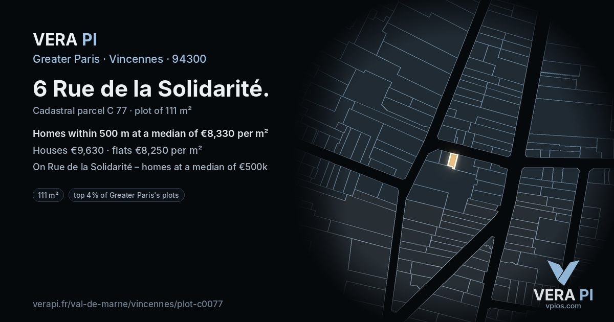 6 Rue de la Solidarité, Vincennes at night – the plot lit, the parcels around coloured by the prices near them