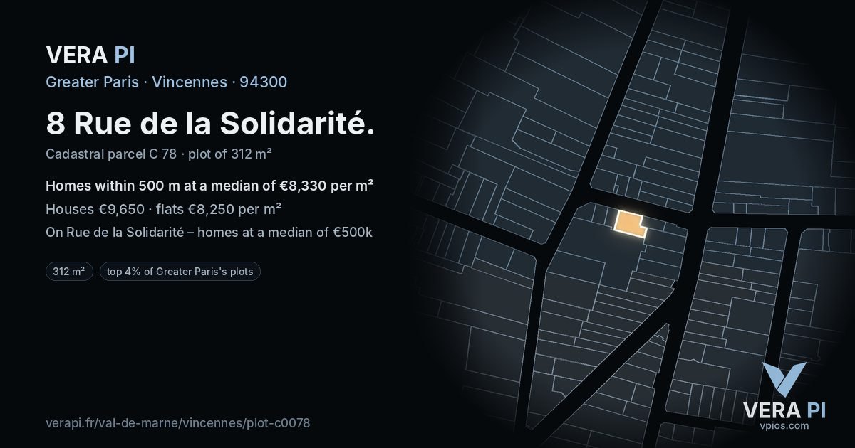 8 Rue de la Solidarité, Vincennes at night – the plot lit, the parcels around coloured by the prices near them