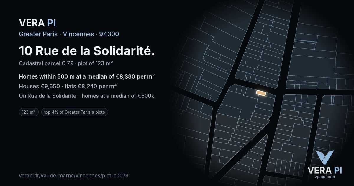 10 Rue de la Solidarité, Vincennes at night – the plot lit, the parcels around coloured by the prices near them