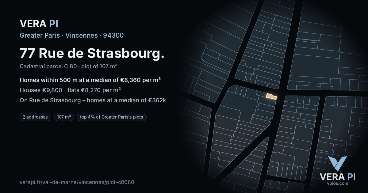77 Rue de Strasbourg, Vincennes at night – the plot lit, the parcels around coloured by the prices near them