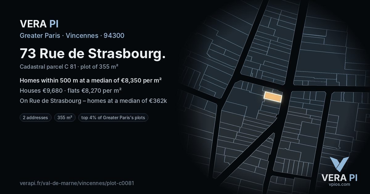 73 Rue de Strasbourg, Vincennes at night – the plot lit, the parcels around coloured by the prices near them