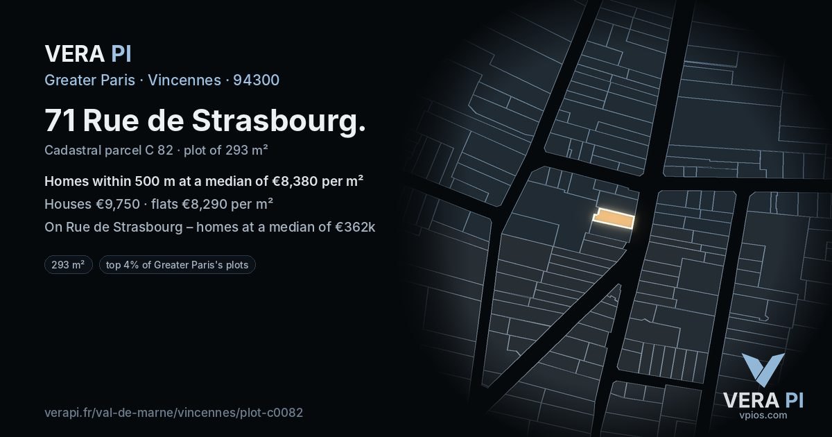 71 Rue de Strasbourg, Vincennes at night – the plot lit, the parcels around coloured by the prices near them
