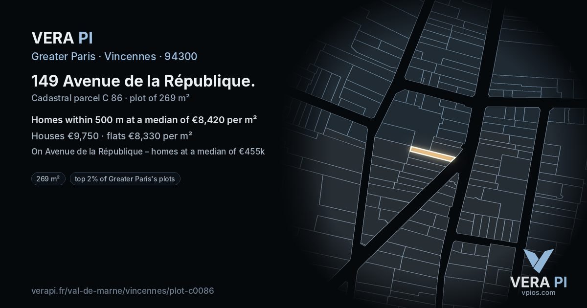 149 Avenue de la République, Vincennes at night – the plot lit, the parcels around coloured by the prices near them