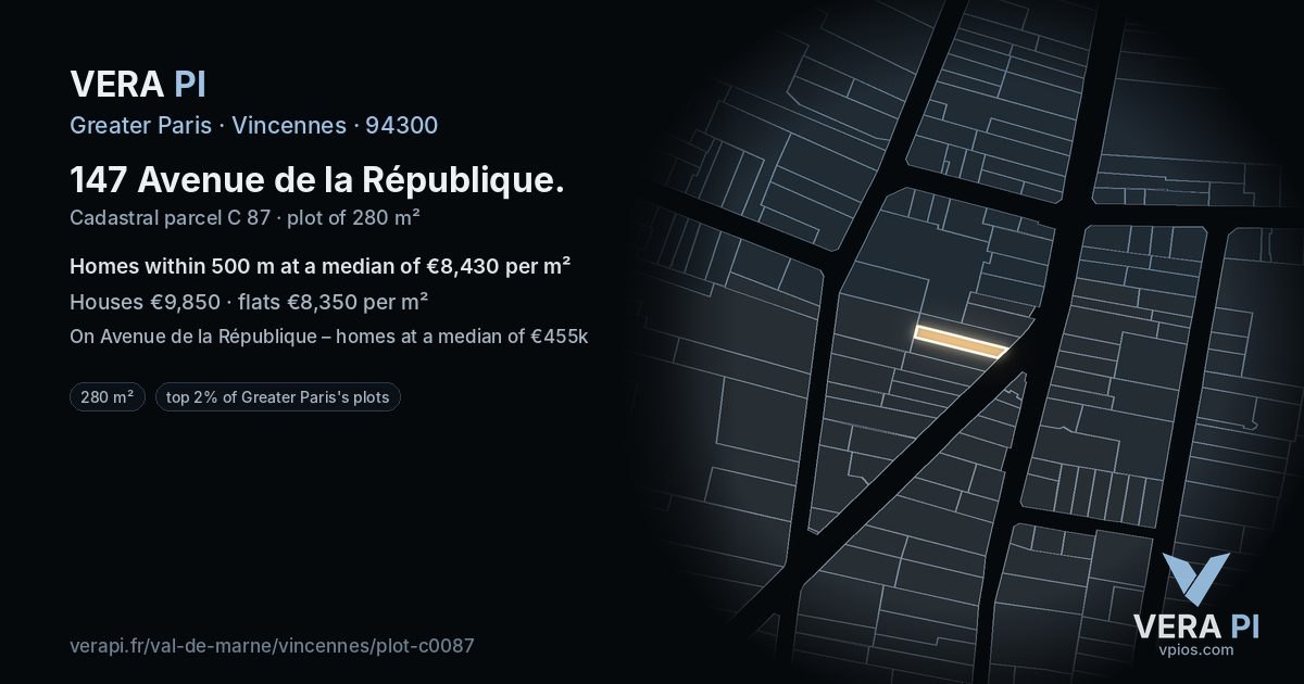 147 Avenue de la République, Vincennes at night – the plot lit, the parcels around coloured by the prices near them