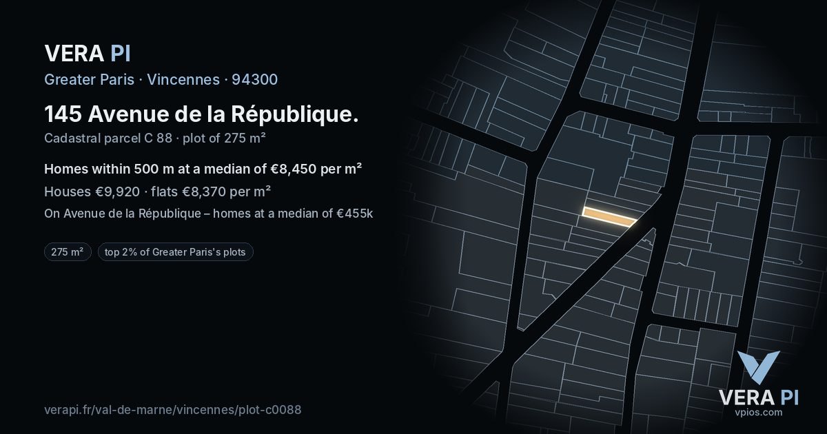 145 Avenue de la République, Vincennes at night – the plot lit, the parcels around coloured by the prices near them
