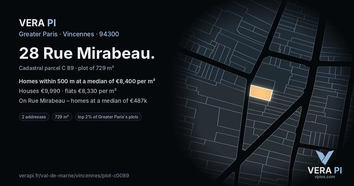 28 Rue Mirabeau, Vincennes at night – the plot lit, the parcels around coloured by the prices near them